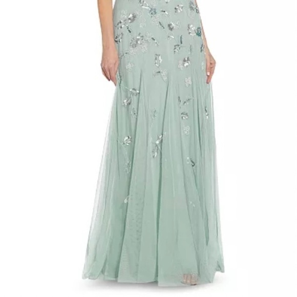 ADRIANNA PAPELL V-Neck Short Sleeve Illusion Beaded Gown in Aqua Dust - Picture 3 of 12